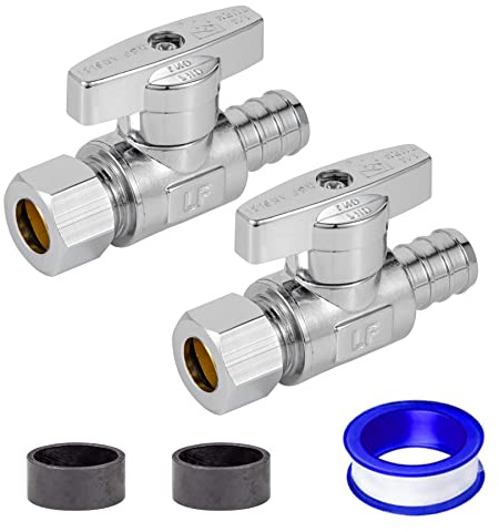Breezliy 1/2 Pex Straight Stop Valve Sink Toilet Shut Off Valve,2 Pack Turn Straight Stop Valve 3/8 OD Compression X 1/2 Barb Crimp Pex LF Chrome Plated Brass with 2pcs