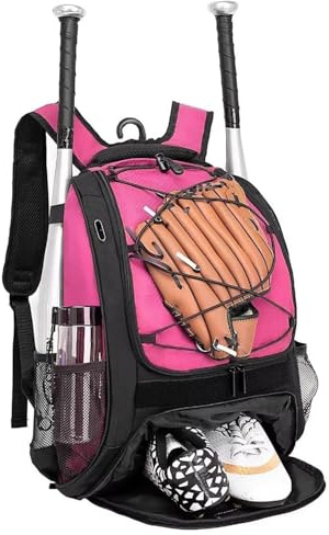 DAFISKY Baseball Bag Softball Backpack - Youth Adult T Ball Bat Equipment Bag with Bat and Helmet Holders, Shoe Compartment and Hook, Pink