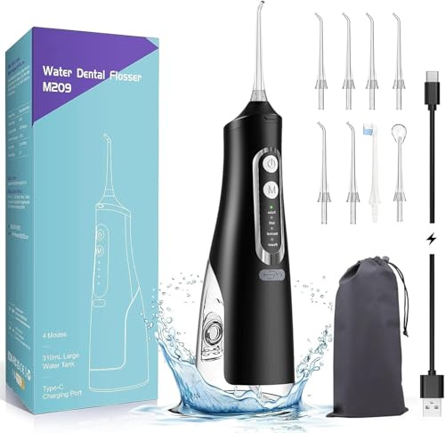 Annmiir Jet Dentaire Hydropulseur, Jet Dentaire Portable 4 Modes et 8 Buses de Rechange, Irrigateur Oral Professionnel Réservoir 310ml IPX7 étanche rechargeable de Voyage