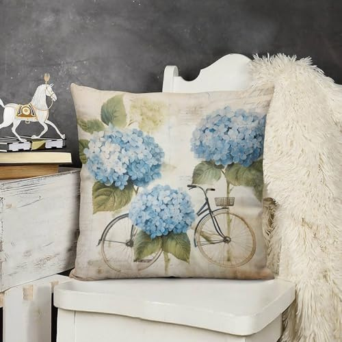 HighonHi Blue Bike Vintage Hydrangea Velvet Square Decorative Throw Pillow Covers 16 x16 Blue Hydrangea Bicycle Flowers Summer Spring Mother's Day Decorative Pillows for Couch for Sofa Couch