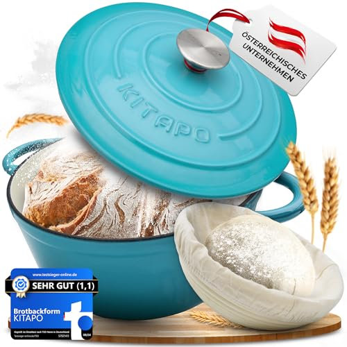 KITAPO Gusseisen Topf [inkl. Gärkorb + Teigtuch] - Hochwertiger Emaille Topf 24cm- Idealer gusseiserner Brottopf zum Backen, Gusseisentopf Brotbacken, Brot Backen Zubehör, Bräter