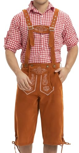 COOFANDY Traditionella byxor, herr, läderbyxor, oktoberfest, outfit, folkbälte, bayerskt set, knäbyxor, kostymläderbyxor, Ljusbrun, S
