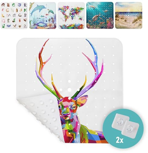 arteneur® - Duschmatte rutschfest 53x53 cm | Antirutschmatte Dusche | Inkl. Aufhängung | Schimmelresistent | Maschinenwaschbar | BPA frei | Rutschmatte Dusche Bunter Hirsch