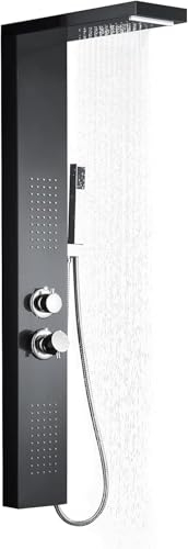 YUENFONG Panneau de douche en acier inoxydable - Colonne de douche à effet pluie avec douchette à main - Douche à effet pluie - Douche de massage - Douche cascade - Noir