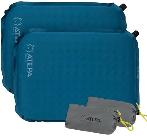 ATEPA Sitzkissen Outdoor, Faltbar Aufblasbar Stadion Flugzeug Unterwegs Camping Wander Bürostuhl Ultraleicht Foam Selbstaufblasend Sitzkissen, 2er Pack Blau