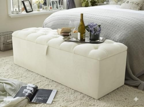 mm08enn Ottoman Storage Blanket Box in Soft Plush Fabric, Multiple Sizes 3ft, 4ft, 4ft6, 5ft and 6ft (Cream, 4ft6)