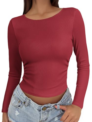 PINSPARK Camiseta Deportiva para Mujer, Top Corto de Manga Larga, Camiseta Funcional, Top Interior de Cuello Redondo, Top térmico de Yoga, Tops básicos de Corte Entallado
