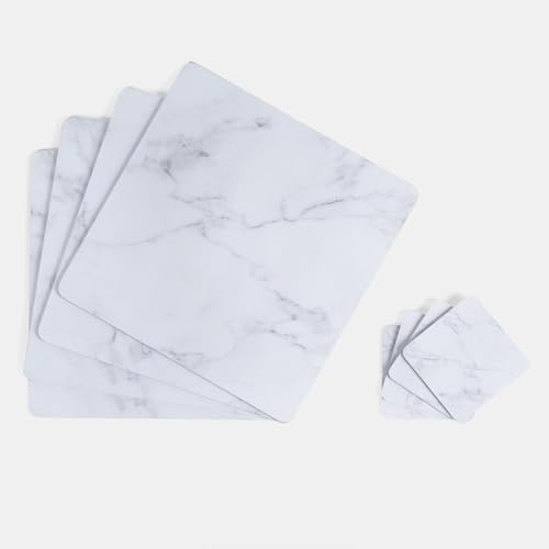 OHS Table Placements with Coasters Set of 4, Non-slip Heat Resistant Square Placemats and Coasters for Table Stain Resistant Wipe Clean Place Mats, White Marble