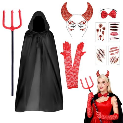 RenSton Devil Costume Women, Halloween Costumes, Devil Accessories, Horns Headband, Horror Face Gems, Black Cloak, Pitchfork, Collar, Lace Gloves, Tattoo Wound, Cosplay Halloween Masquerade
