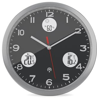 Mebus Reloj de Pared radiocontrolado, Esfera Negra, indicador de Temperatura Interior y Exterior, con transmisor Exterior, Humedad del Aire, Modelo 13151