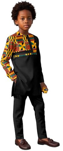 ATLYCOLOR African Suits for Boys 2 Piece Long Sleeve Dashiki Shirt & Pants Set Nigerian Clothes Attire TR6-v41 Black-1 Medium