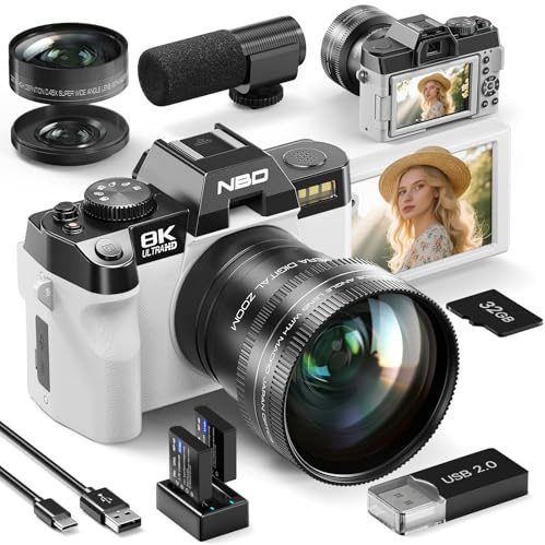 NBD Appareil Photo numérique 8K 64MP avec autofocus, Zoom numérique 16x, F1.8, Écran IPS 3 180°, WiFi + Lentille Grand Angle/Macro + Micro Externe + Carte 64GB + 2 Batteries (Blanc)
