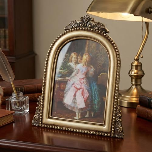 Vurixfo Vintage Photo Frame, 5x7’’ Domed Picture Frame Golden Resin Baroque Photo Frames Antique Frames with Glass Front and Easel for Table Top Display and Wall Hanging