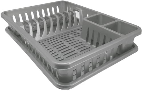 VIRSUS Scolastoviglie con vassoio raccogli goccia, dimensioni 45,5x30x8,5 cm, Scolapiatti plastica per i bicchieri piatti e tre scomparti per le posate Vari colori (Grigio)