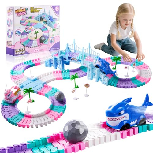 Flexible Race Track Toy for Kids, 194 PCS Flexible Bendable Racetrack with Race Car & Rolling Ball, DIY Build Track Set, STEM Construction Car Track Toy for Boys & Girls, Birthday Gift (Unicorn)