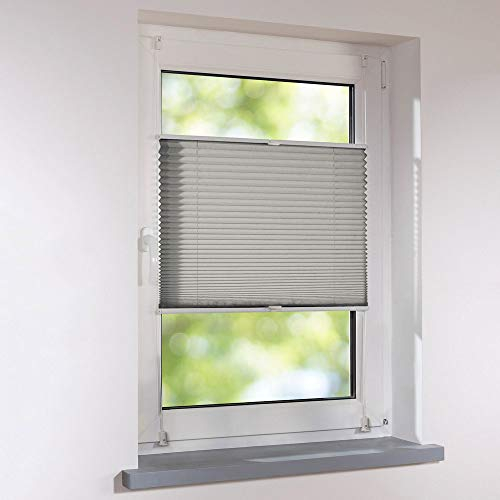 Plissee Klemmfix Breite 80 x 220 cm Höhe verspannt - Farbe grau - Standardplissee Rollo Jalousie Raffrollo Faltrollo Faltstore Fertigplissee ohne Bohren für Fenster und Türen
