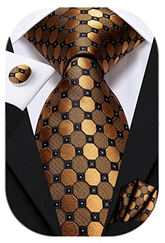 Hi-Tie Mens Tie Set Brown Gold Polka Dot Silk Necktie with Pocket Square Cufflinks Set Formal Necktie for Wedding