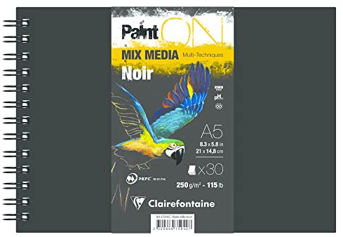 Clairefontaine 975942C - Carnet Spiralé PaintON Multi-techniques - 30 Feuilles Papier Dessin Multi-techniques au Grain Légèrement Rugeux - Noir - A5 14,8x21 cm 250g