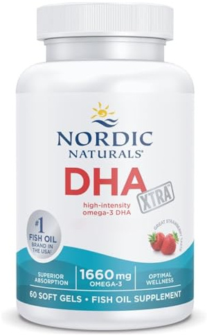 Nordic Naturals DHA Xtra 1660 mg, cápsulas de Omega 3 de alta potencia con aceite de pescado y EPA y DHA, sabor fresa, 60 cápsulas blandas, sin soja, sin gluten