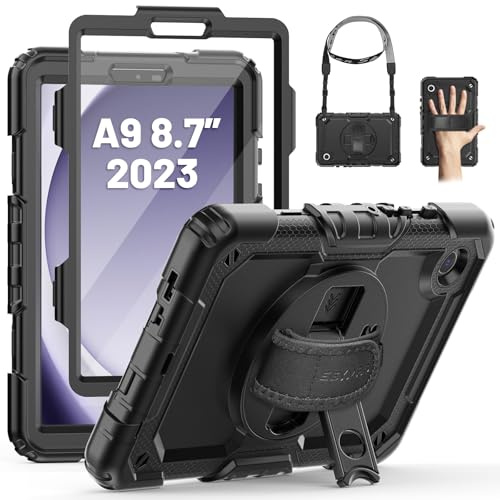 SEYMAC Hülle für Samsung Galaxy Tab A9 8,7 Zoll 2023, Stoßfeste für Galaxy Tab A9 Hülle mit Displayschutz, 360° Drehbarem Ständer/Handschlaufe, Schultergurt, mit Stifthalter, Schwarz