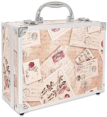VNIMTI Portable Makeup Box,Vanity Train Case with Mirror,Cosmetic Storage Bag Tray,Large Beauty Nail Box Organiser for Vanity,Lockable Travel Make Up Tools Holder Handle (Retro Stamp - Suitcase)