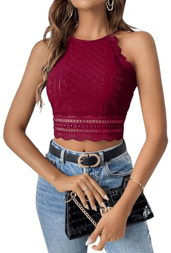 GORGLITTER Top de encaje para mujer, elegante, con encaje, cuello halter, rojo, L