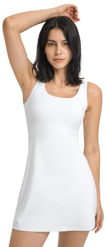 Bezioner Robe Tennis Femme Robe de Golf avec Soutien-Gorge Intégré et Short avec Poches Robe de Sport sans Manches Robe Athlétique Été Blanc XL