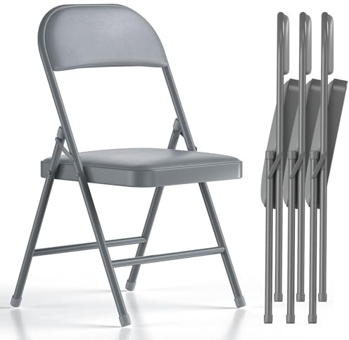 Nazhura Folding Chairs with Padded Vinyl Cushion Chairs with Comfortable Cushion and Durable Steel Frame for Home and Office, for Indoor and Outdoor Events (Grey, Vinyl, 4 Pack)