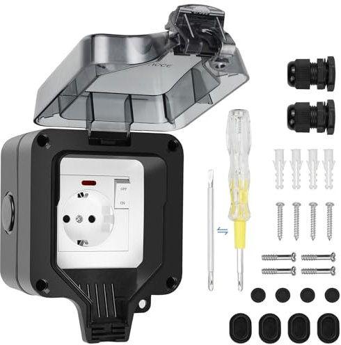 SHYOSUCCE Presa esterna con interruttore, connettore per cavo e coperchio ribaltabile, IP66, impermeabile e antipolvere, per cucina, bagno, garage, piscina