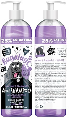 Bugalugs Lavender & Chamomile 4-in-1 Dog Shampoo and Conditioner - Professional Pet Grooming for Smelly Puppies - Vegan Formula (625ml)