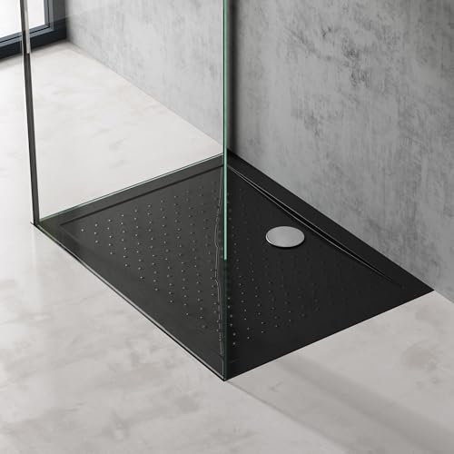 doporro Plato de Ducha Rectangular Antideslizante 75x90x4 cm – Acrílico Negro, Conexiones DIN, Instalación a Ras de Suelo – Lucia02