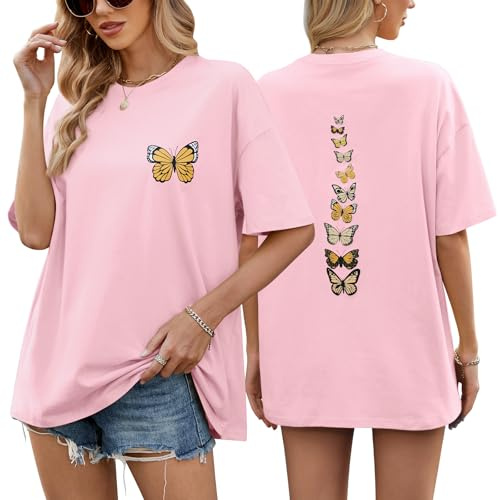 heekpek Women's Oversized T Shirts Ladies Summer Tops Plus Size Vintage Graphic Tee Cotton Short Sleeve Tshirts Drop Shoulder Casual Baggy Blouse Tee Shirts, Pink, XXL