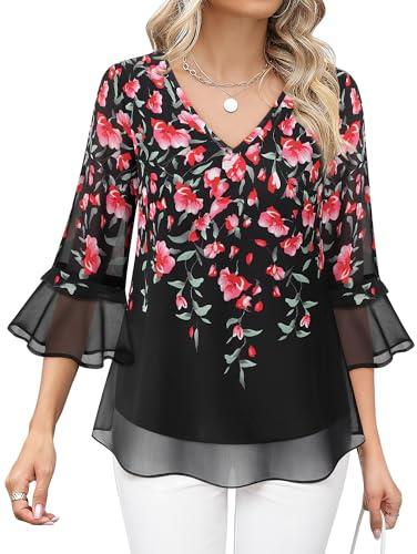 Bebonnie Dressy Christmas Tops for Women: Ladies Festive Holiday Dress Shirts for Evening Wear Ruffle 3/4 Sleeve V Neck Double Layers Chiffon Blouses Loose Fit Flowy Tunic Tops for Womens Black Red M