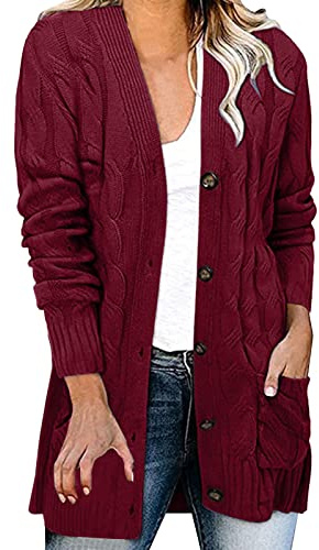 Generisch Chaqueta suelta para mujer de gran tamaño, chaqueta de punto grueso con forro, Vino, XL