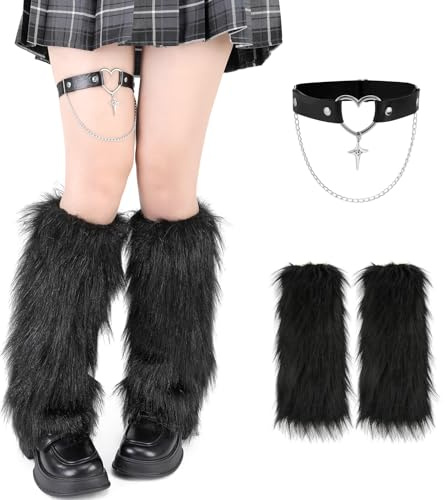 Zuimei 40CM Faux Fur Leg Warmers with Leather Leg Garter Belt for Women Girls, Black Warm Fuzzy Legs Warmers Furry Boot Shoes Cuff Covers Boot Sleeves for Cosplay Costume