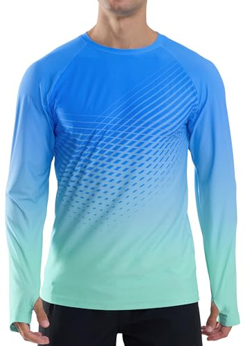 veepro Men’s UV Protection Long Sleeve T-Shirt Top Breathable Running Sport Gym Shirt Quick Dry Lightweight Rash Guard Shirts for Swimming, Hiking, Walking, Fishing Gradient Blue XL