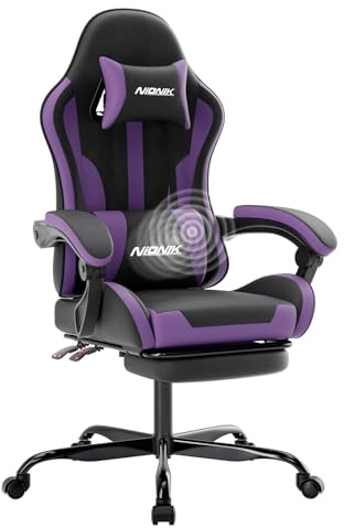 NIONIK Gaming Chair, Ergonomic Computer Chair with Footrest and Lumbar Support, Height Adjustable Game Chair with 360°-Swivel Seat and Headrest and for Office or Gaming BLACKPURPLE