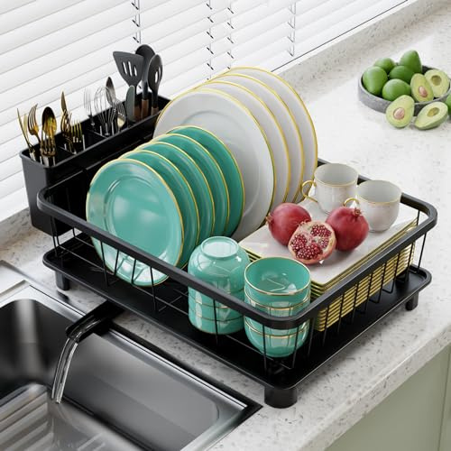 Nfnoyp Dish Drainer Rack - Space-Saving Dish Rack,Dish Racks for Kitchen Counter with Drip Tray,Multi-Functional Dish Drying Rack with Utensil Holder,Black