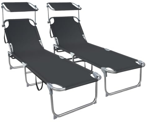 VOUNOT® Set di 2 Sdraio da Giardino Pieghevole, Lettino Prendisole con Tettuccio Parasole e Schienale Regolabile, Sdraia da Balcone per Spiaggia, Terrazzo e Esterno Piscina, Nero
