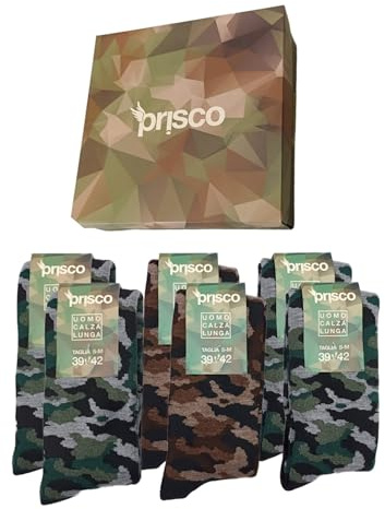 Prisco Calze Uomo Mimetiche - Calze Sportive per Caccia e Pesca - Abbigliamento Uomo - Calzettoni Confezione Regalo 6 Paia - Calzini Lunghi Uomo Verde Militare Marrone (L/XL-43/46)