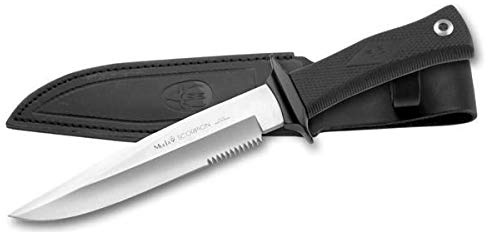 Muela Cuchillo SCORPION-18W hoja de acero ACX-380 de 18 cm y empuñadura de goma para Caza, Pesca, Supervivencia y Bushcraft Realizado en Ciudad Real + Portabotellas de regalo