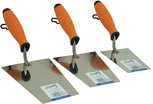TOOLTY Paleta de Cubo Acero Inoxidable - Juego 130, 160, 180 mm - Mango de Goma - para Recoger y raspar: mortero, Cemento, Yeso - Albañilería, ladrillo DIY - TLTY-S026