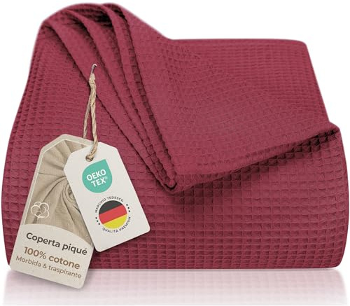 LAYNENBURG Premiumöverkast 150 x 200 cm – våffelpiké, 100 % bomull – lätt sommarfilt, våffelutseende – bomullsfilt, överkast, sofföverkast, couch-överkast, soffskydd (bordeaux)