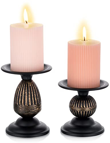 Sziqiqi Juego de 2 Vintage Portavelas de Columna Velas para Candelabros de Metal Envejecido Retro Negro Mate Candelabros Centro de Mesa Ornamentos Shabby Chic Mesa de Centro Comedor Manto Chimenea