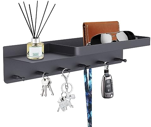 Honsdom Portachiavi da Parete con Vassoio, Appendichiavi da Muro Ingresso con 6 Ganci per Appendi Chiavi e Posta All'ingresso (Metallico Nero)