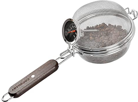 Home Coffee Bean Roaster Tool - CAFEMASY Portable Stainless Steel Handy Coffee Roaster Mesh Pan Tool with Thermometer for Home & Outdoor Coffee Beans Baking
