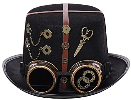 Vintage Steampunk Gear Zylinder Hut mit Brille Schere für Damen Herren Halloween Kostüm Hüte Karneval Kopfbedeckung Zubehör(61cm/24,02 inches, schwarz)