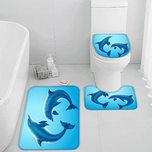 Badematten Set 3 teilig 50x80 Delphin Ozean Badezimmerteppich Set 3D WC Vorleger Set rutschfeste Badematte Maschinenwaschbar Tierkarikatur Badteppich Set für Badezimmer badvorleger