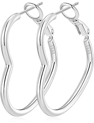 Sterling Silber Creolen für Damen und Mädchen - Große Herz Creolen mit Dünnen, Gefüllten Silber Ohrsteckern - Hypoallergene - 30 bis 50mm