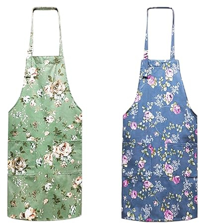 MEMOFYND 2 Delantales de Cocina Vintage Florales para Mujer con 2 Bolsillos (Azul, Verde) - para Hornear